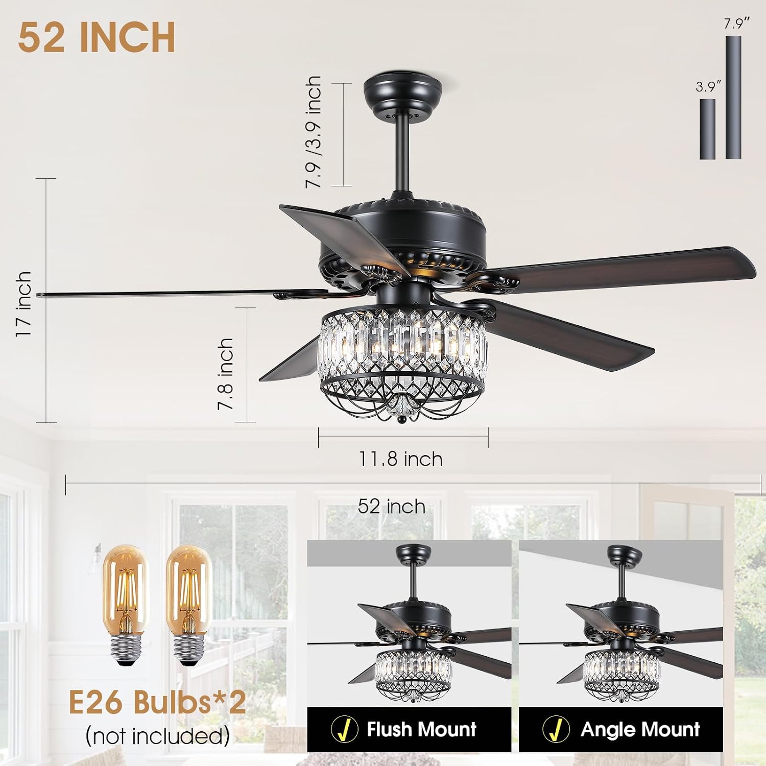 Kviflon Farmhouse Crystal Ceiling Fans with Lights and Remote, 52 Inch Chandelier Ceiling Fans, Black Fandelier Ceiling Fan for Bedroom Living Room, Quiet DC Motor, Reversible, Bulb not Included