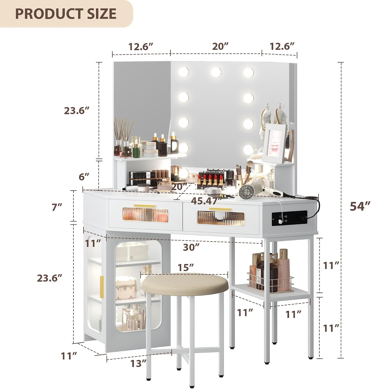 Lareth Corner Vanity Desk with 3 Way Mirror and Lights, Modern Makeup Vanity with Charging Station, Stool, 45.5' Large Bedroom Dressing Table with 2 Drawers & Shelves, Gifts for Girls Women, White
