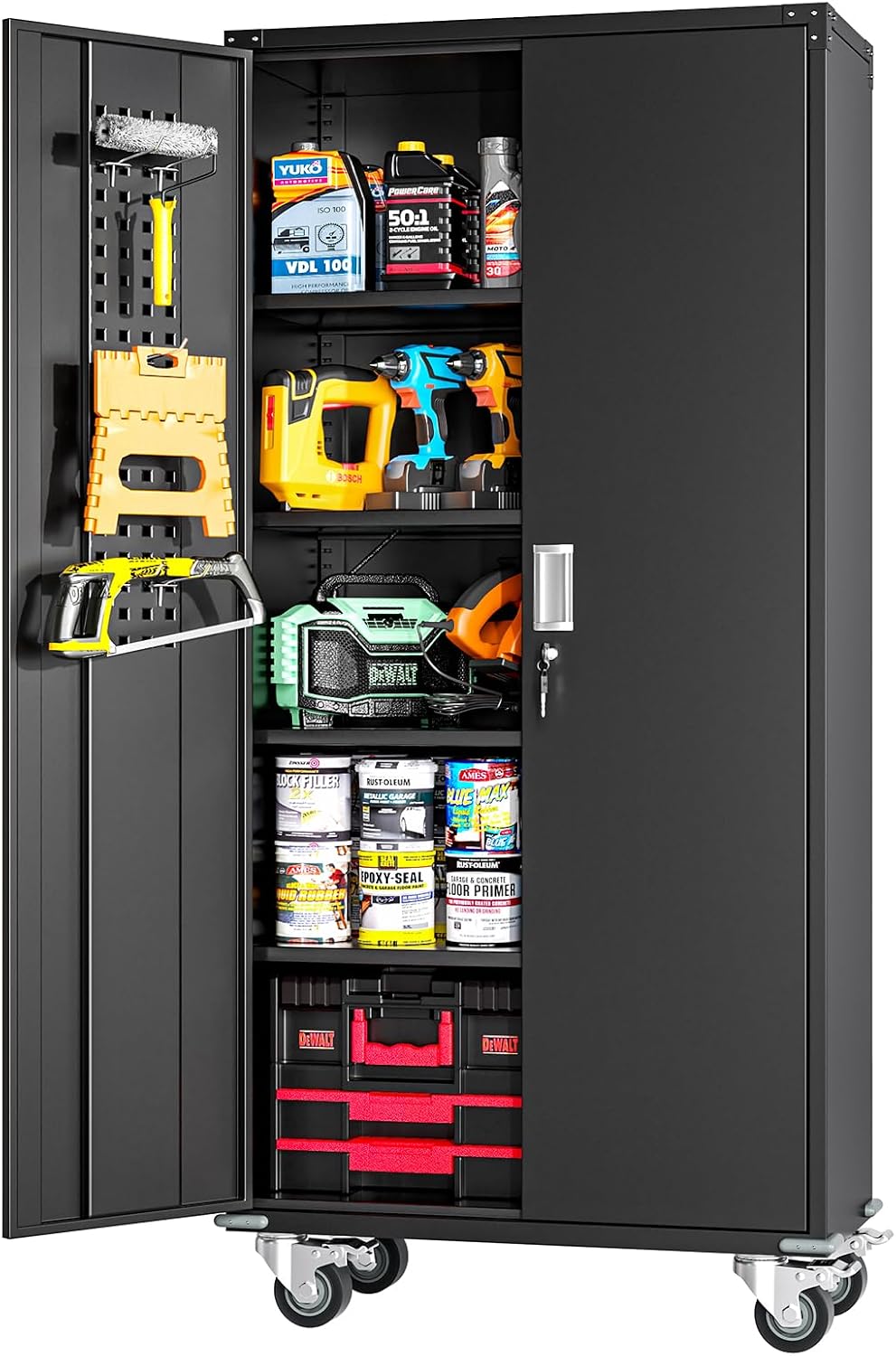 Greenvelly Garage Storage Cabinet with Wheels, Rolling Metal Cabinet with Pegboards and Adjustable Shelves,- 72' Steel Tool Cabinet for Home Office, Garage, Warehouse, Black