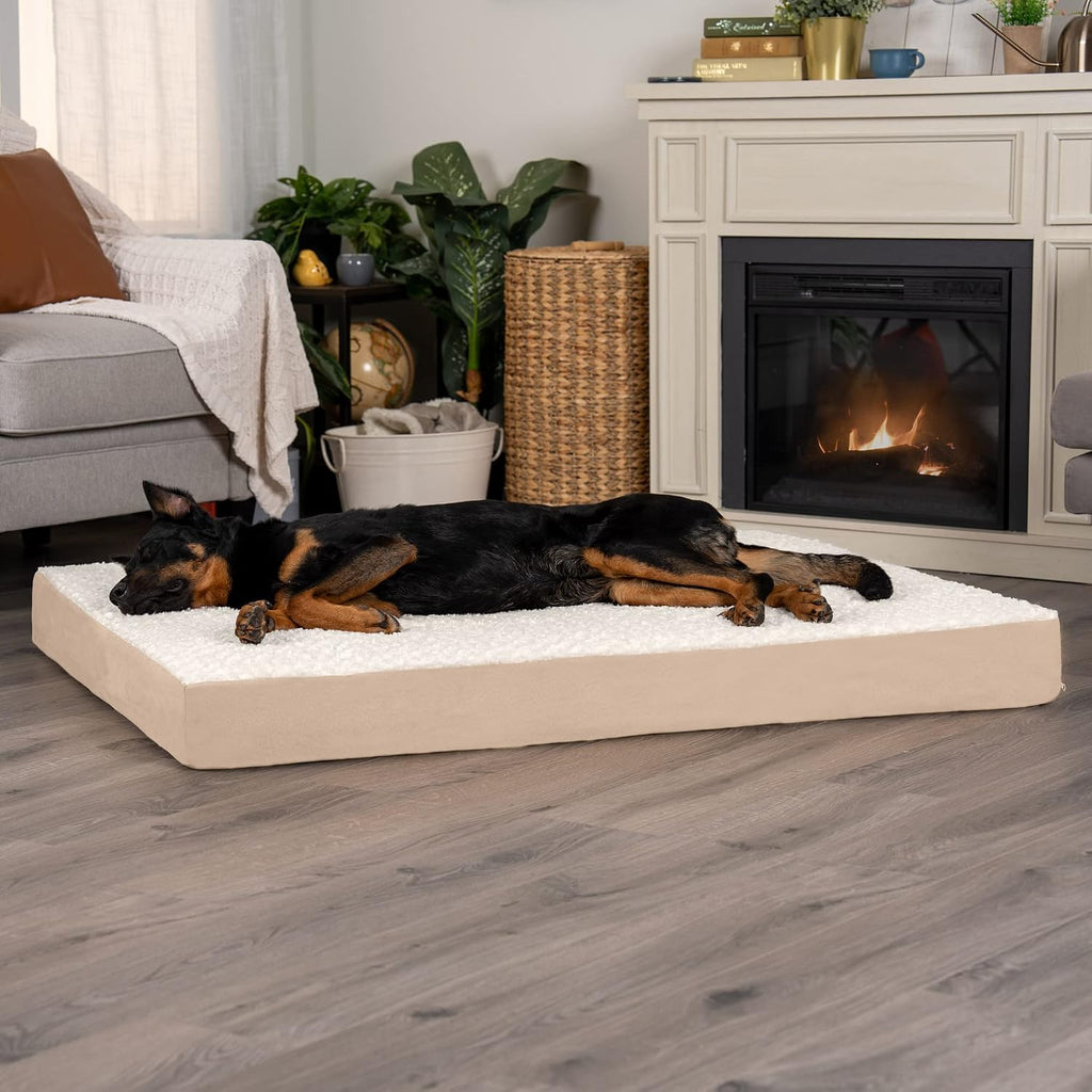 Furhaven Memory Foam Dog Bed for Large Dogs w/ Removable Washable Cover, For Dogs Up to 125 lbs - Ultra Plush Faux Fur & Suede Mattress - Cream, Jumbo Plus/XXL