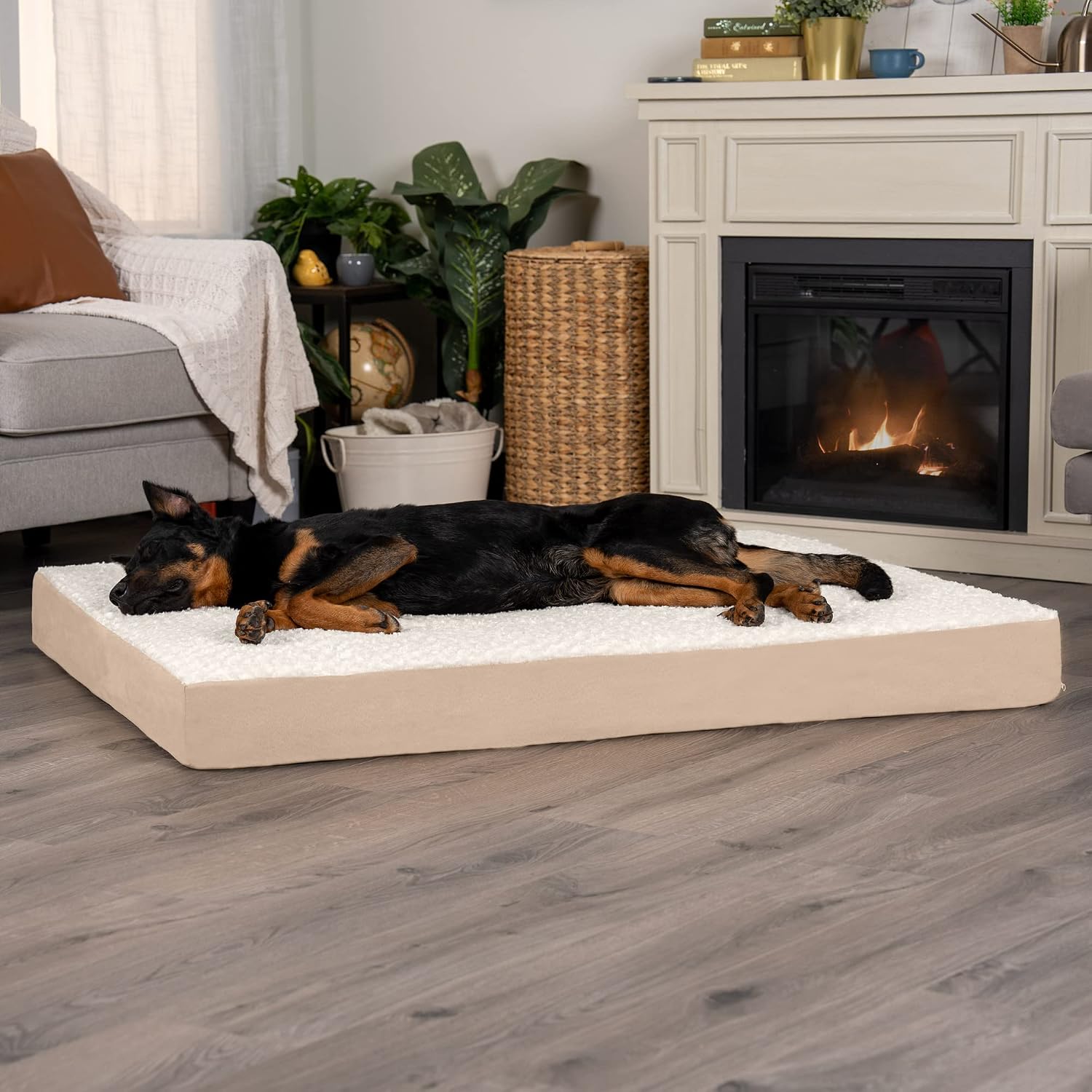 Furhaven Memory Foam Dog Bed for Large Dogs w/ Removable Washable Cover, For Dogs Up to 125 lbs - Ultra Plush Faux Fur & Suede Mattress - Cream, Jumbo Plus/XXL