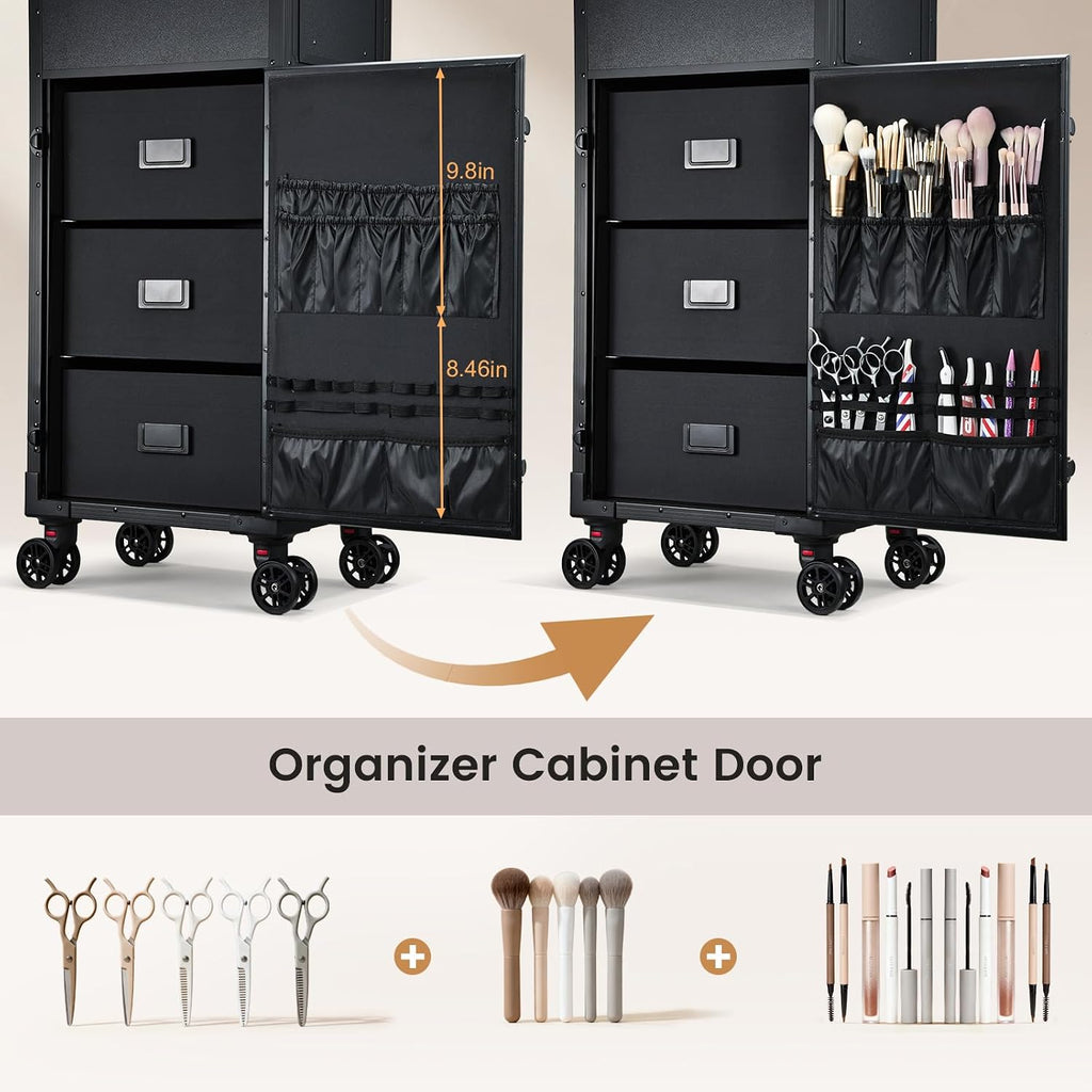 Rolling Makeup Case with LED mirror, Cosmetology Case on Wheels with Lighted Mirror, Professional Salon Trolley Cart with 3 Drawers,Travel Makeup Lockable Beauty Organizer with Live Stream Light