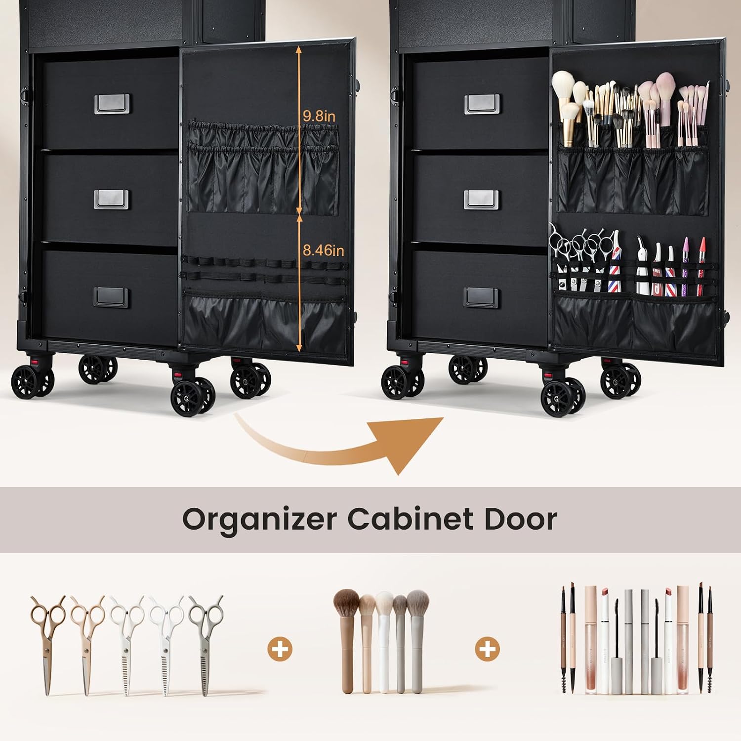 Rolling Makeup Case with LED mirror, Cosmetology Case on Wheels with Lighted Mirror, Professional Salon Trolley Cart with 3 Drawers,Travel Makeup Lockable Beauty Organizer with Live Stream Light