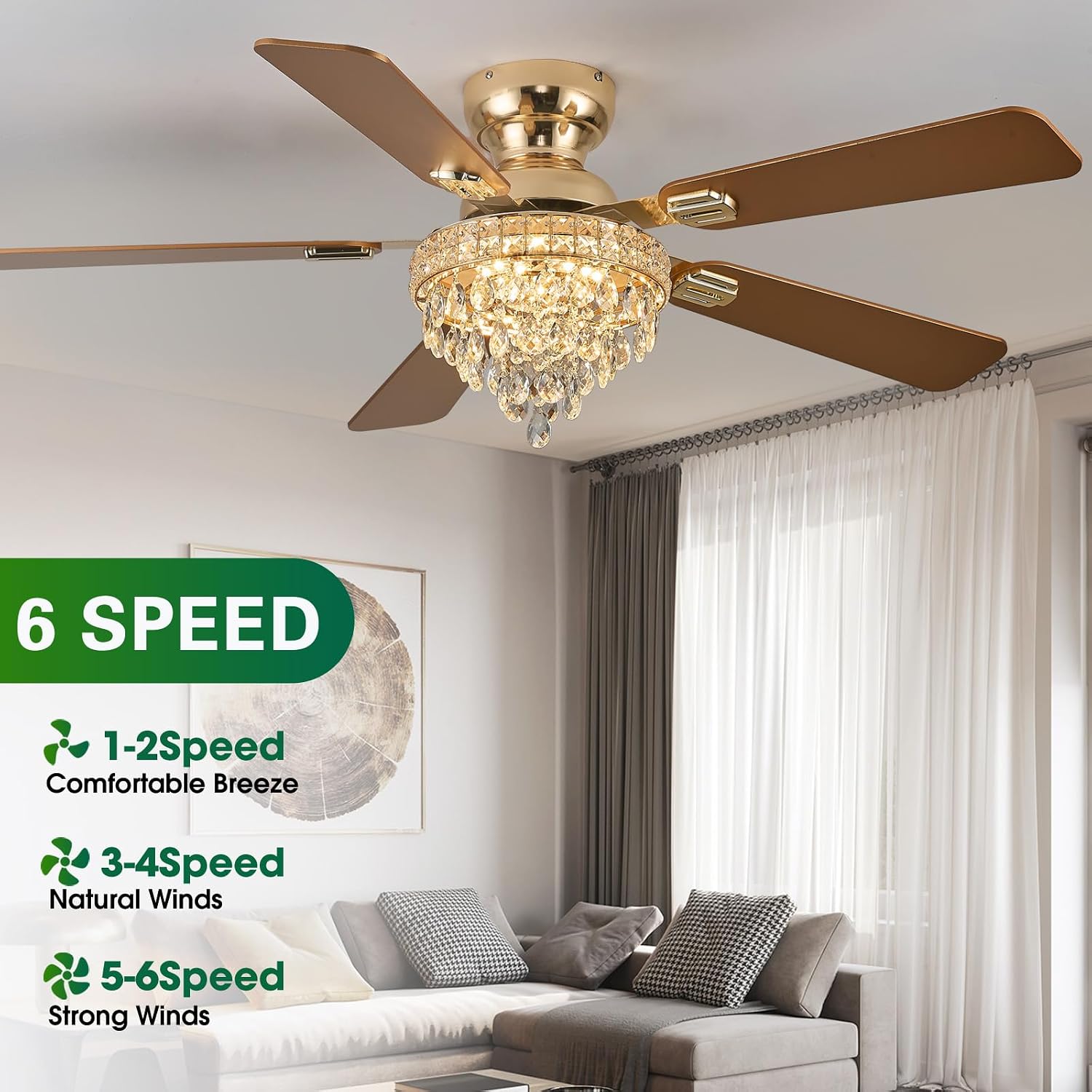 52' Crystal Ceiling Fans with RGB Lights, Remote/App Control, Luxury Fandelier Ceiling Fan Flush Mount, Reversible DC Motor, Dimmable, Bedroom Chandelier Fan, (Gold)