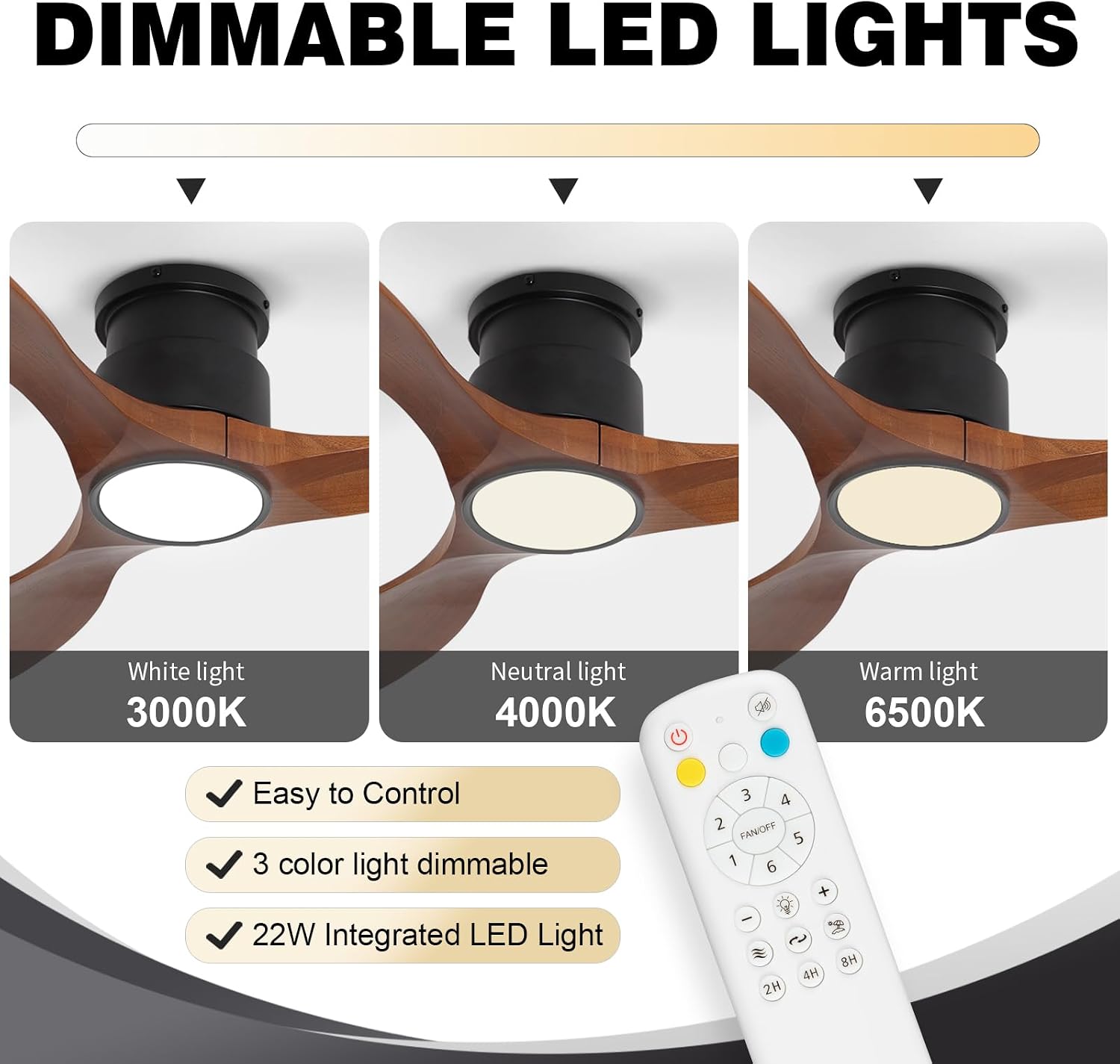 52Inch Wood Ceiling Fans with Lights and Remote Control, Indoor Outdoor Ceiling Fans Farmhouse, Low Profile Ceiling Fan with Light Timing 6 Speeds 3 Color Light Memory Lighting Reversible