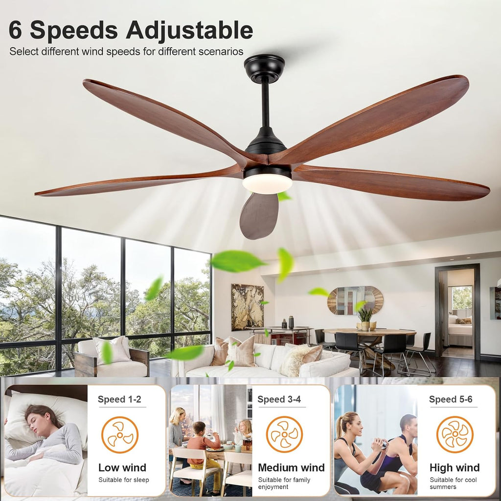 72 Inch Solid Wood Outdoor Ceiling Fans with Lights and Remote,Walnut 5 Blades,Dimmable,6 Speed Quiet DC Motor, Indoor Outdoor Ceiling Fan for Patios Bedroom Living Room
