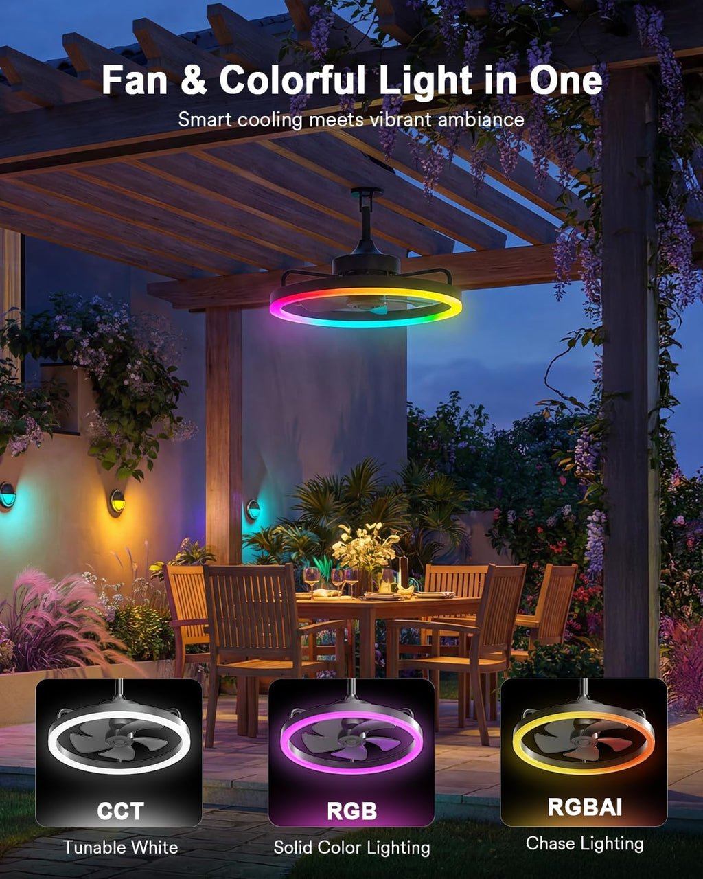 Lumary Smart Outdoor Ceiling Fans with RGBAI Lights for Patio, Wi-Fi Bluetooth Connect, Work with Alexa Google, Waterproof Plug in Ceiling Fan with Hook/Remote/APP Control for Pergola Gazebo, 20in