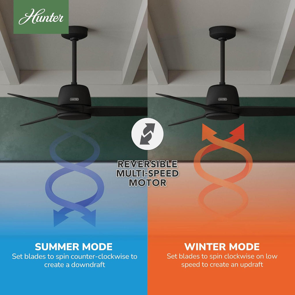 Hunter 52 inch Indoor Ceiling Fan No Light with Remote Control - Black Ceiling Fan without Light, Standard Mount, 3 Blades, For Bedroom, Living Room, or Kitchen - Malden 52606, Matte Black