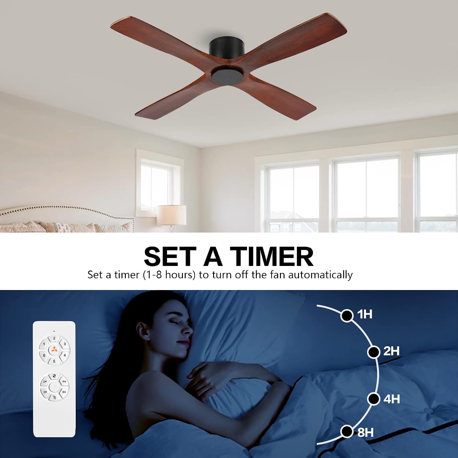 WINGBO 54 Inch Flush Mount DC Ceiling Fan without Lights, 4 Reversible Carved Wood Blades, 6-Speed Noiseless DC Motor, Hugger Ceiling Fan No Lights in Matte Black Finish with Walnut Blades, ETL Listed