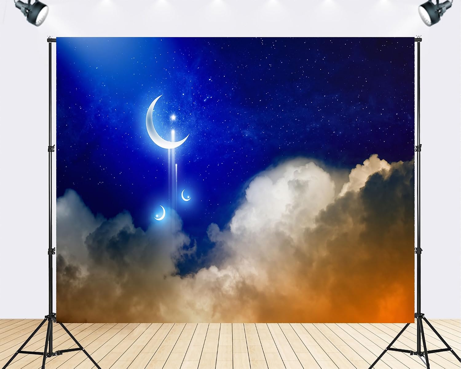 Trykid 20x10ft Crescent Moon Starry Night Sky Backdrop Glowing Islamic Symbol Photography Background Spiritual Eid Party Decoration Tapestry Photo Booth Prop Fabric