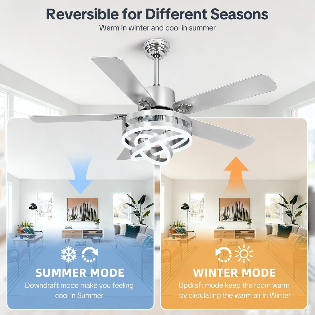 52' Ceilling Fan with Light Chandelier Fan Modern DC Motor Dimmable Led Fandelier Ceiling Fan with Light for Bedroom, Living Room Silver