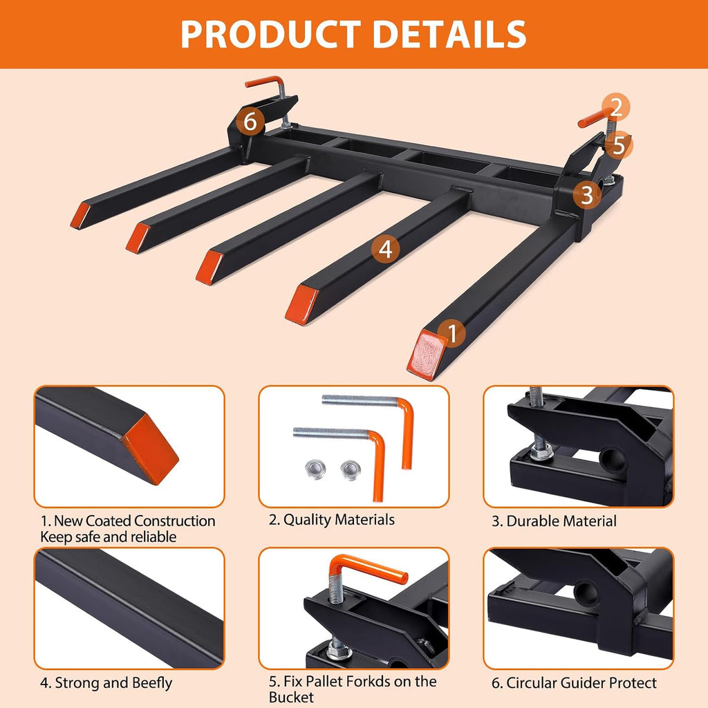 Heavy Duty Clamp-On Debris Forks for 48' Tractor Bucket – 5-Tine Pallet Fork Attachment – 2500 lbs Capacity – Fits Lawn Tractors, Loaders, Skid Steers – Agricultural Machinery Accessory