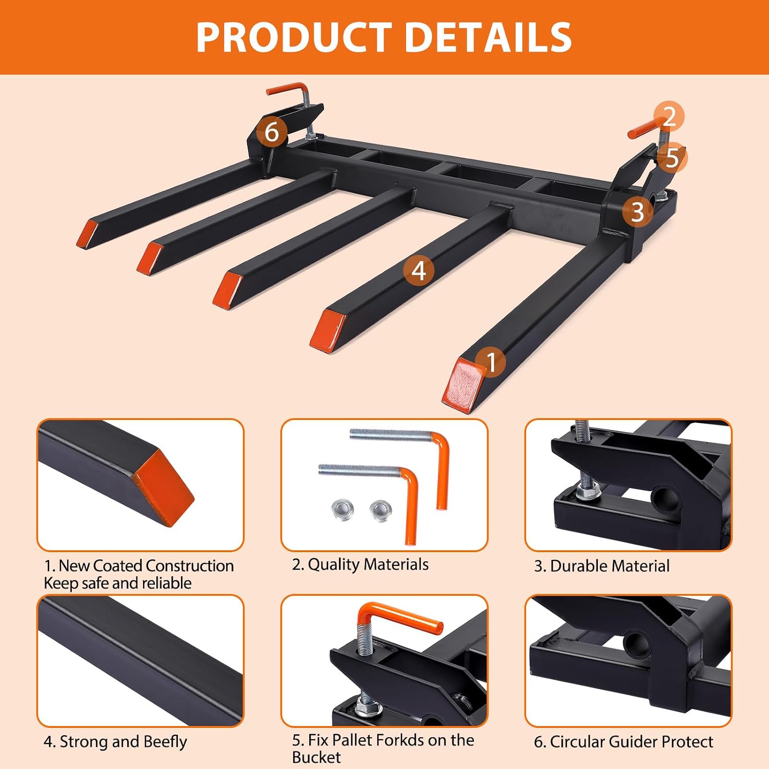 Heavy Duty Clamp-On Debris Forks for 48' Tractor Bucket – 5-Tine Pallet Fork Attachment – 2500 lbs Capacity – Fits Lawn Tractors, Loaders, Skid Steers – Agricultural Machinery Accessory