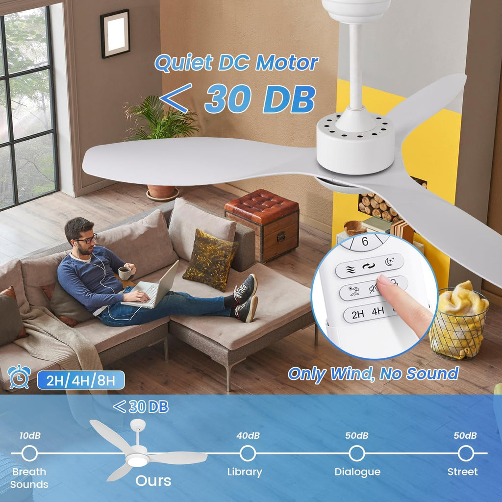 48 inch White Ceiling Fans with Lights and Remote, Modern Ceiling Fan with 3 Blades, Quiet Reversible DC Motor, 3 Color Dimmable Lights,6 Speed, for Bedroom Living Room Indoor Outdoor Patios