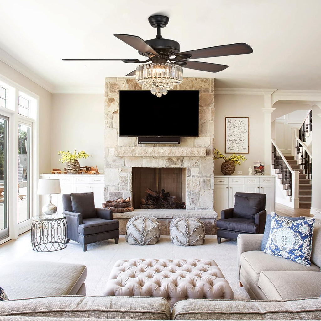 NOXARTE 52 Inch Crystal Ceiling Fan with Light, Modern LED Fandelier with Remote, Black Chandelier Fan Reverse Motor Wood Blades with 6 Speeds for Living Dining Room