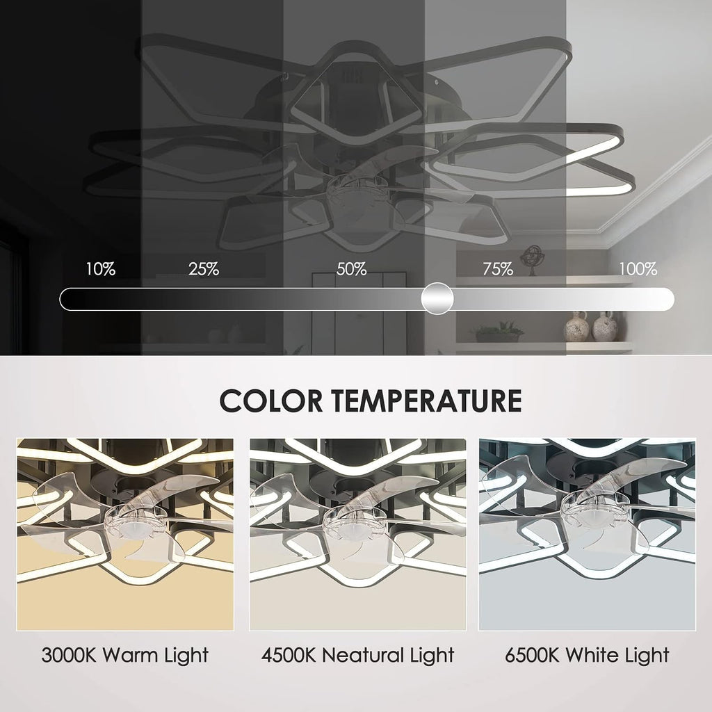39'Ceiling Fan with Lights Remote APP Control,Modern Bladeless Ceiling Fan with Lights,Flush Mount Ceiling Fan with 6-Speed Reversible Blades,Low Profile Ceiling Fan for Bedroom Living Room (Black)…