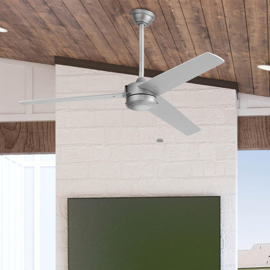 Prominence Home Tenant, 52 Inch Contemporary Indoor Outdoor LED Ceiling Fan, No Light, Pull Chain, Dual Mounting Options, 3 Dual Finish Blades, Reversible Airflow - 51867-01 (Brushed Nickel)
