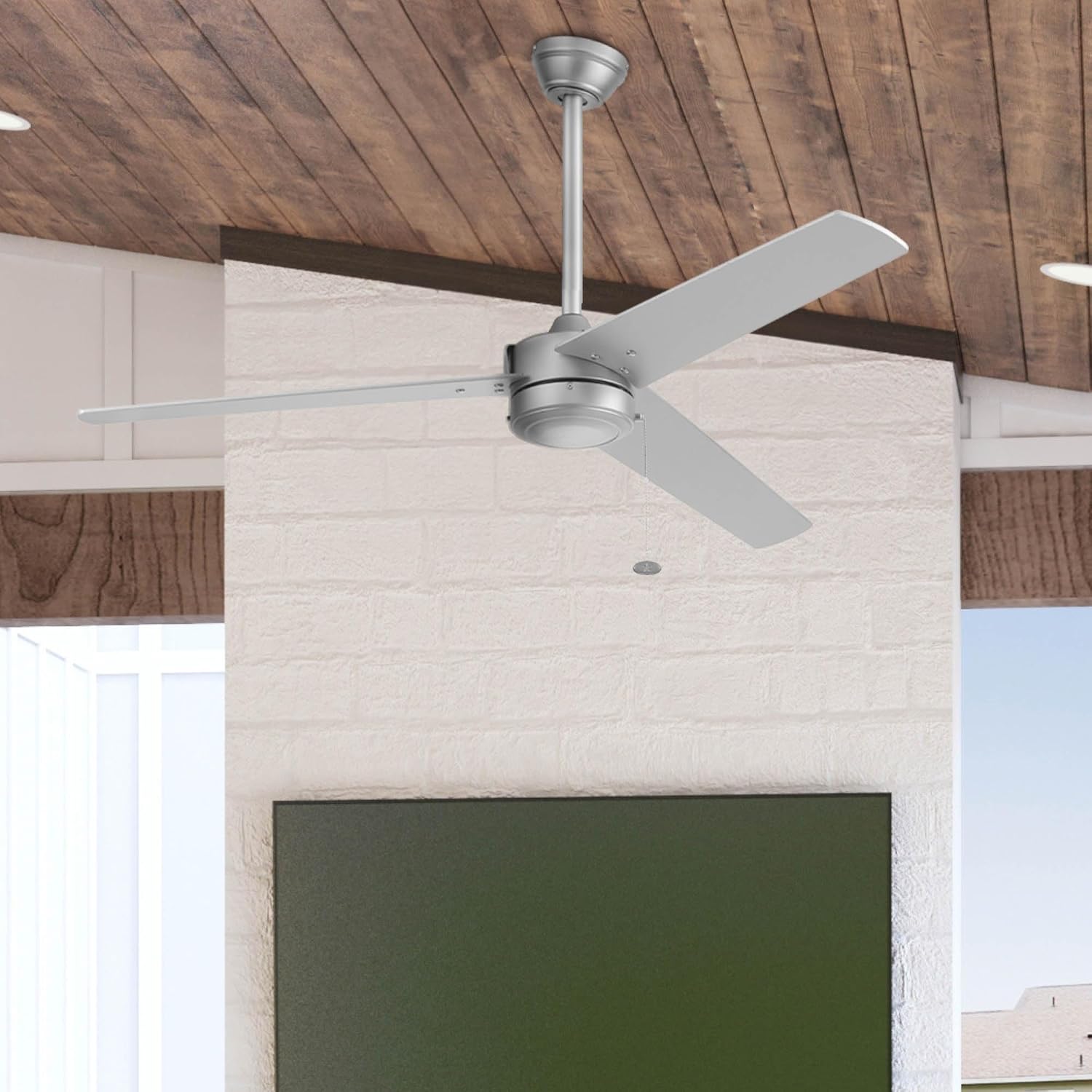 Prominence Home Tenant, 52 Inch Contemporary Indoor Outdoor LED Ceiling Fan, No Light, Pull Chain, Dual Mounting Options, 3 Dual Finish Blades, Reversible Airflow - 51867-01 (Brushed Nickel)