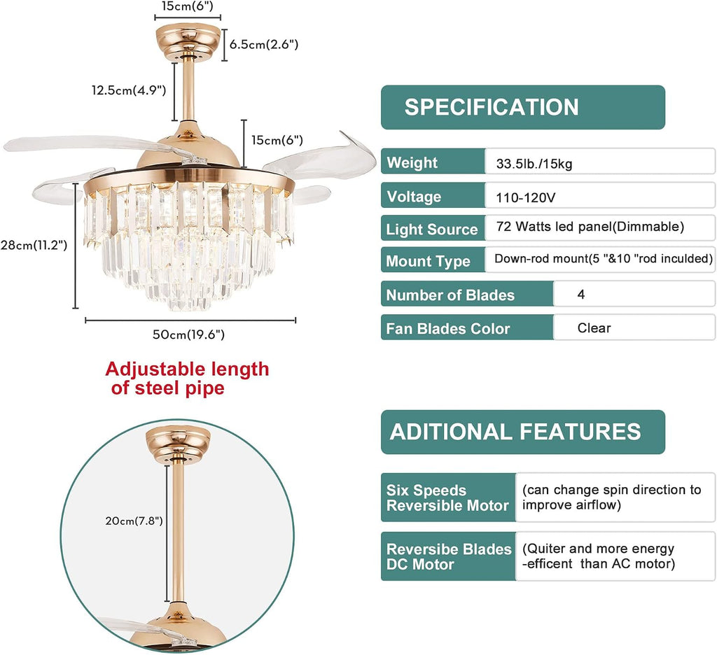 Crystal LED Ceiling Fans with Lights and Remote Controller 42 Inches Modern Fandelier Ceiling Lighting Fixture Crystal Fan Light Kit for Bedroom Dinning Room Living Room (Gold)