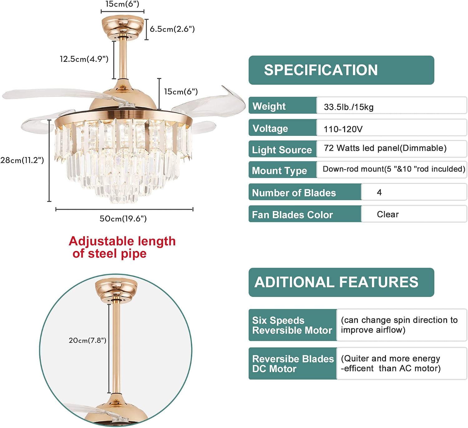 Crystal LED Ceiling Fans with Lights and Remote Controller 42 Inches Modern Fandelier Ceiling Lighting Fixture Crystal Fan Light Kit for Bedroom Dinning Room Living Room (Gold)