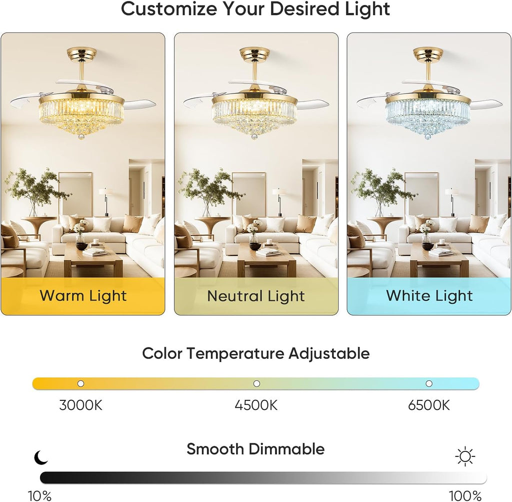 FIDGRA 52 Inch Fandelier Ceiling Fan with Light, Retractable Chandelier Fan, 3 Color Temperature, 6 Wind Speed, Crystal Ceiling Fan for Bedroom Living Room Dining Room-Gold