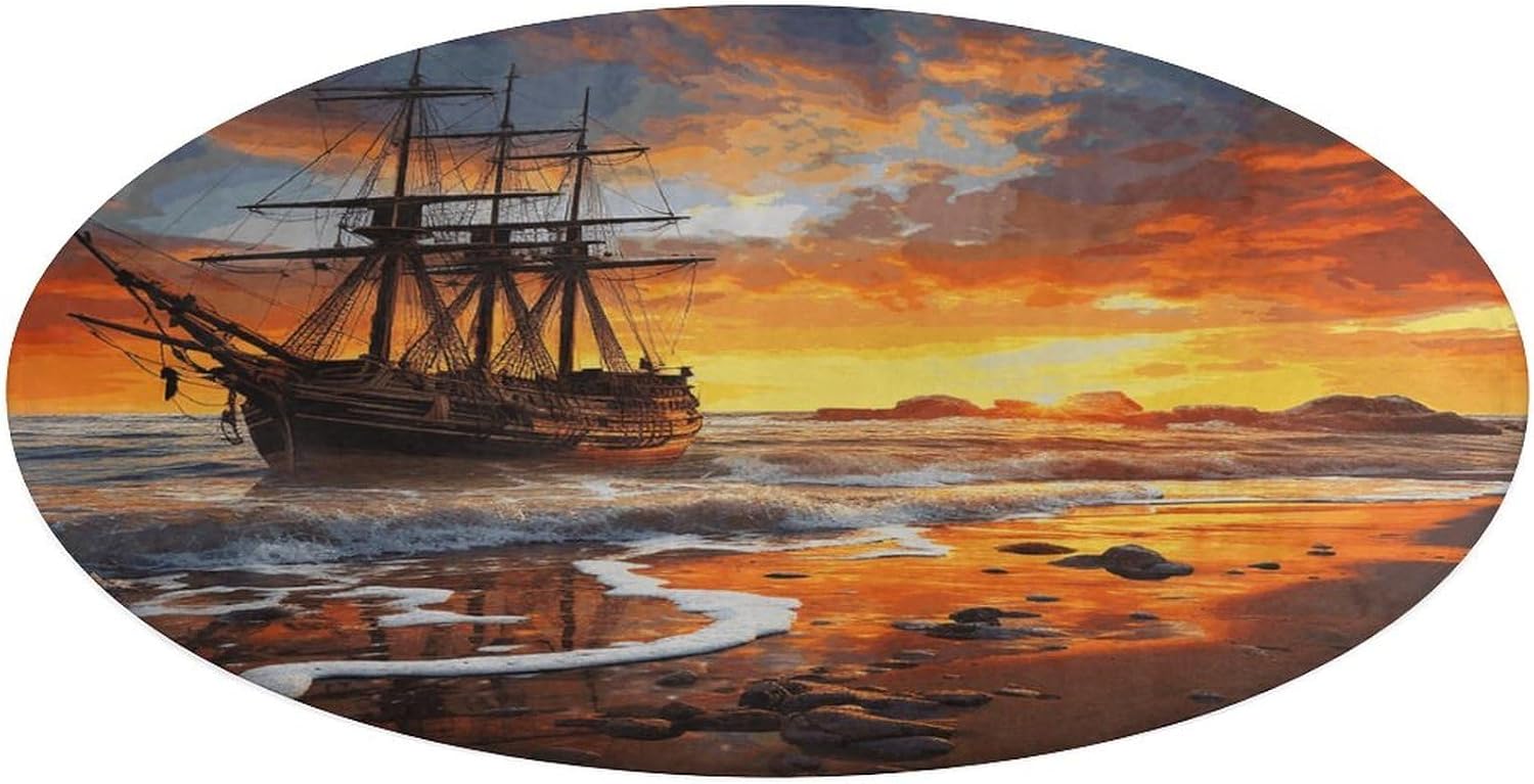 Pirate Ship in The Sunset Coral Velvet Round Floor Mat Non-Slip Bath Rug Floor Covering for Bathroom Vanity Guest Suite & Vacation Home