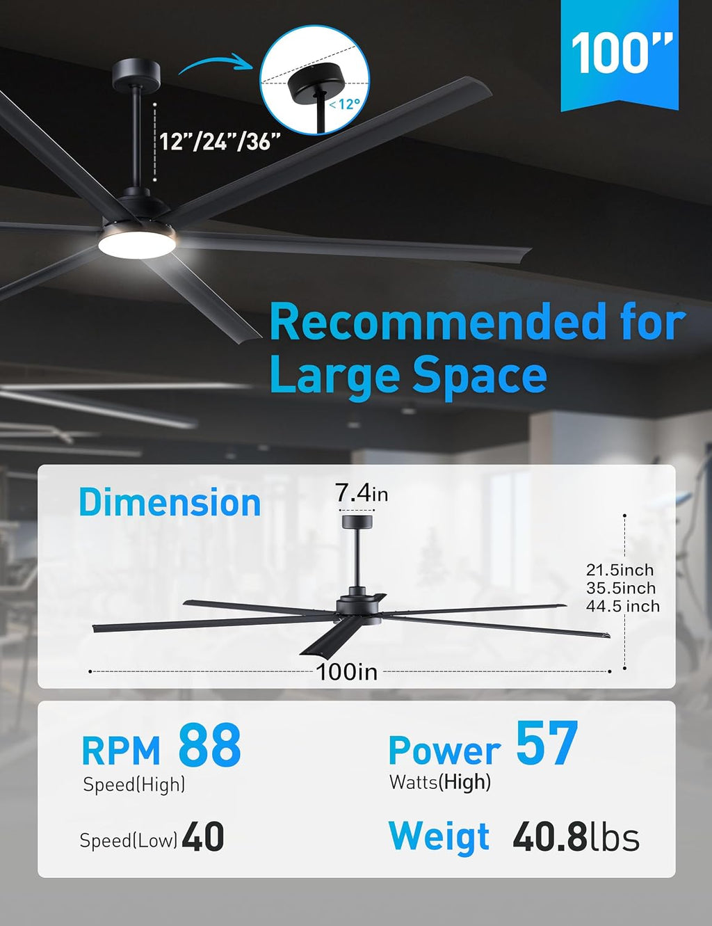 Minislak 100 Inch Large Industrial HVLS Ceiling Fan with 6 Black Double-Layer Aluminum Blades,High CFM Ceiling Fan with Light and Remote,12/24/36in Downrod,Quiet DC Motor Outdooor Fan for Patio