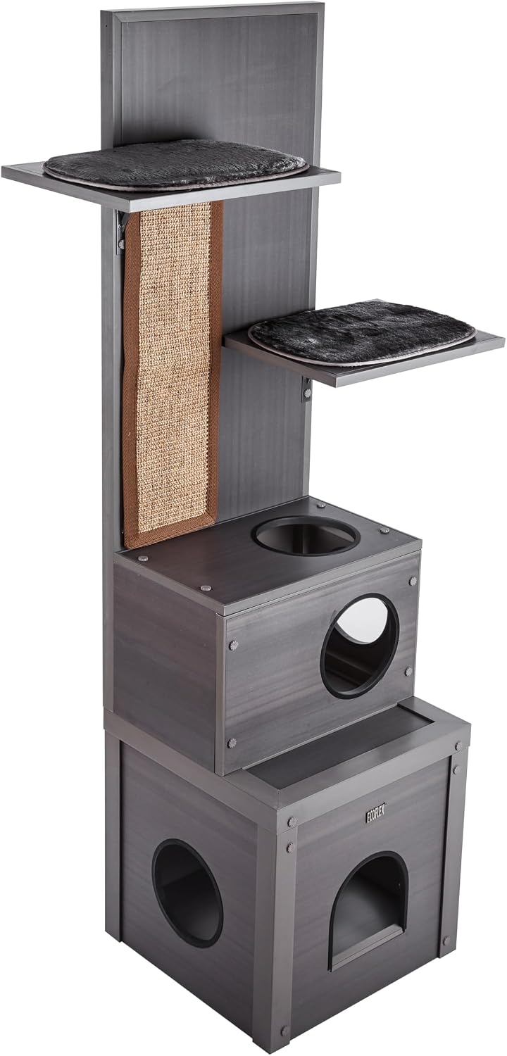 New Age Pet ECOFLEX Kitty Climber Cat Tree with 2 Cubes, 2 Shelves, Sisal Scratch Pad, 60' Tall, Moisture and Odor Resistant Indoor Cat Furniture, Grey