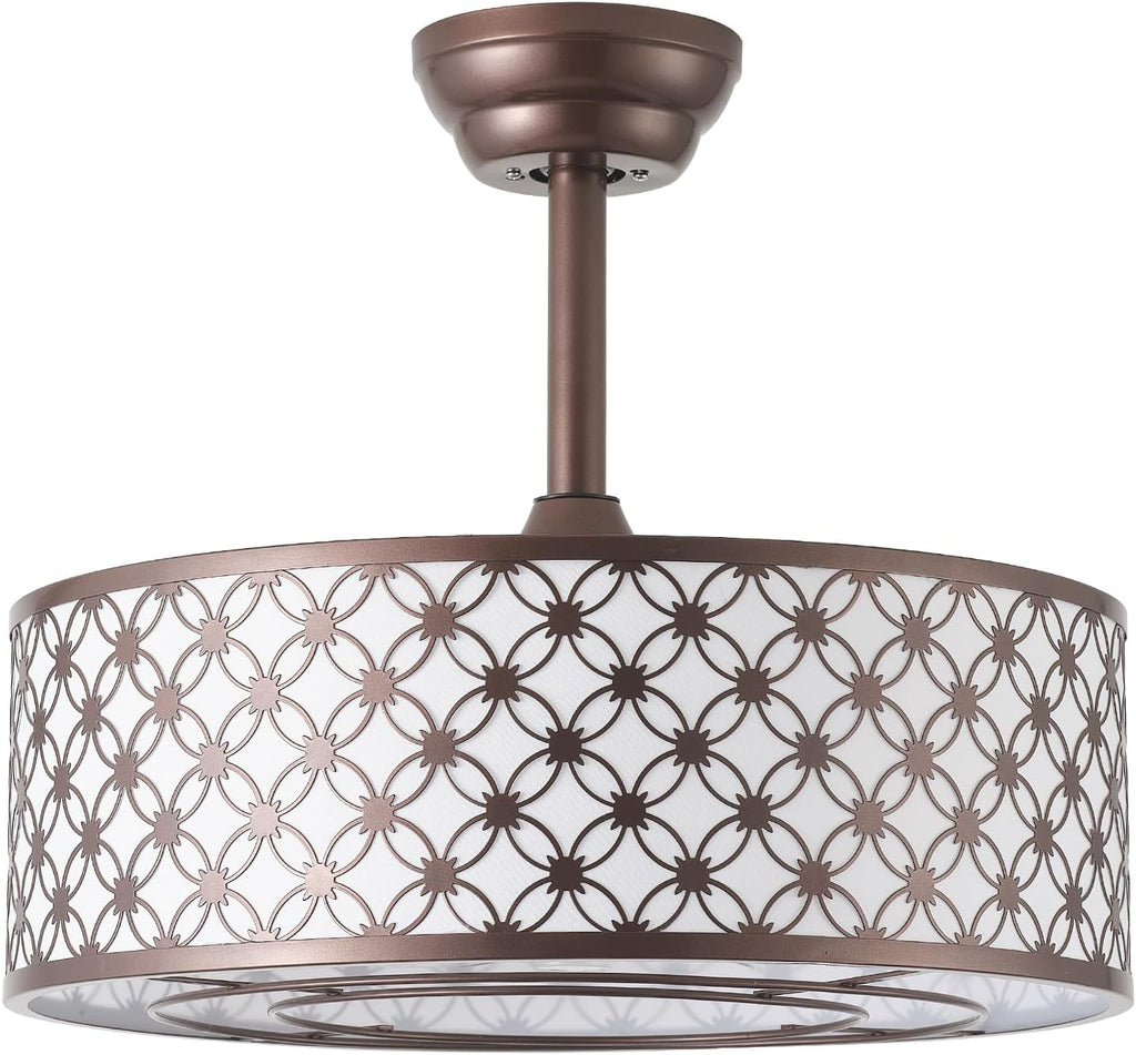 Brown Fandelier Ceiling Fan with Light, 20' Caged Brown Chandelier Ceiling Fans with Lights Remote Control, Fabric Mid-Century Modern with 6 Speeds for Bedroom, Nursery, Living Room.