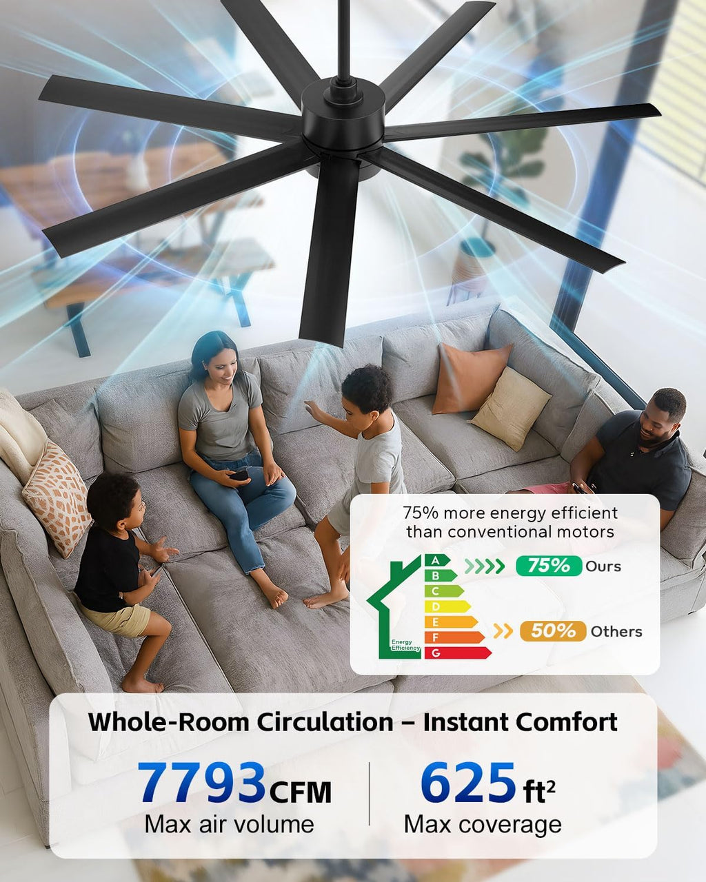 56 Inch Wet Rated Outdoor Smart Ceiling Fan with Light for Patio, All-Weather Waterproof, ETL Listed Quiet DC Motor High CFM, 7 Black Blades with UV Coating, Alexa/App/Remote, for Exterior Gazebo