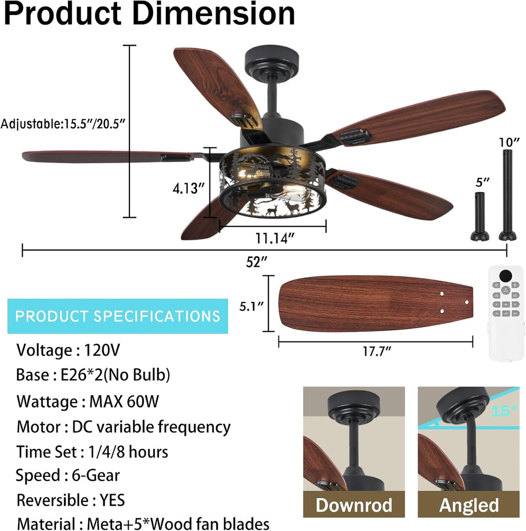 52' Rustic Ceiling Fan with Light - Bear Deer Design, 6 Speeds Reversible DC Motor Farmhouse Industrial Black Ceiling Fans Remote Control for Bedroom, Living Room, Kitchen