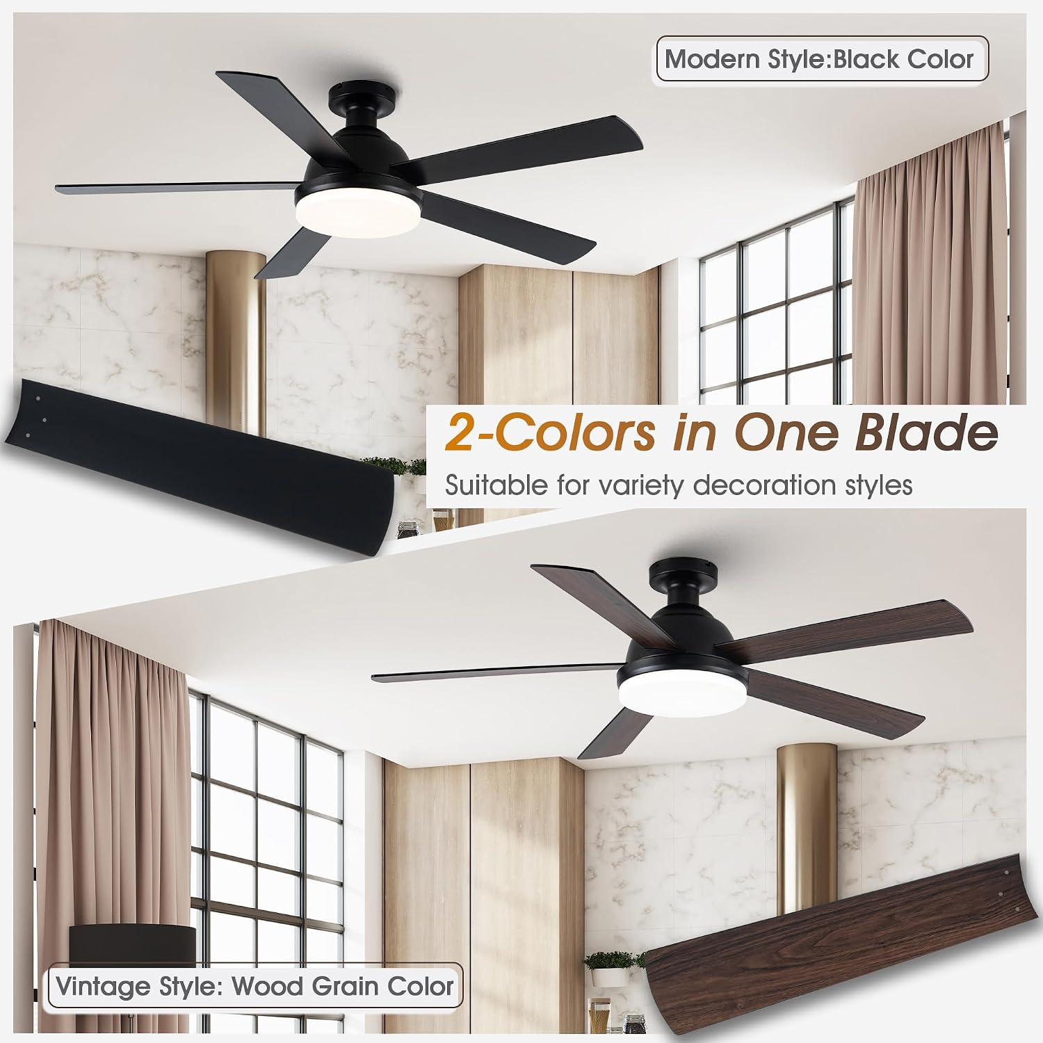 Black Ceiling Fans with Lights, 52 Inch Outdoor Ceiling Fans with Lights and Remote, Modern Indoor Bedroom Ceiling Fan Noiseless, Reversible Blades, DC Motor