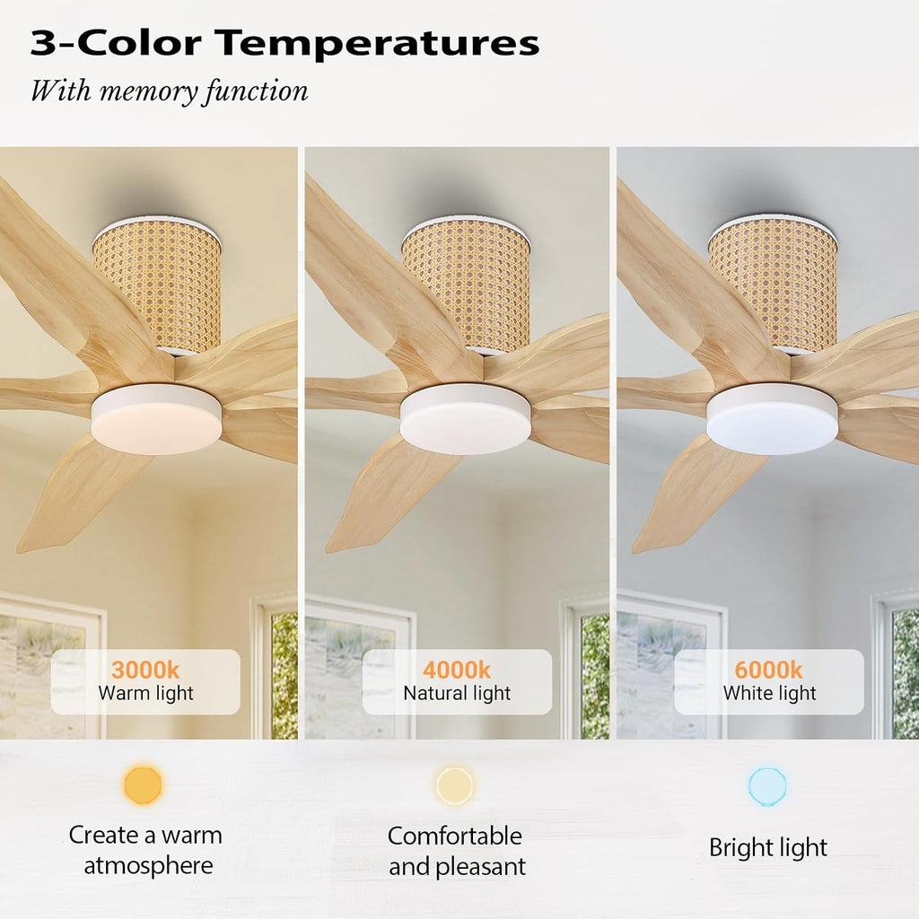 LEDLUX 54' Ceiling Fan with Light - Low Profile Flush Mount Ceiling Fan, 6-Speed Remote Control, Solid Wood, Quiet Reversible DC Motor, Wood/White Finish, for Bedroom, Living Room, Porch