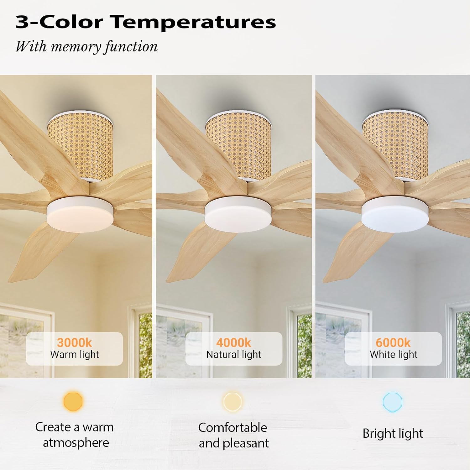 LEDLUX 54' Ceiling Fan with Light - Low Profile Flush Mount Ceiling Fan, 6-Speed Remote Control, Solid Wood, Quiet Reversible DC Motor, Wood/White Finish, for Bedroom, Living Room, Porch