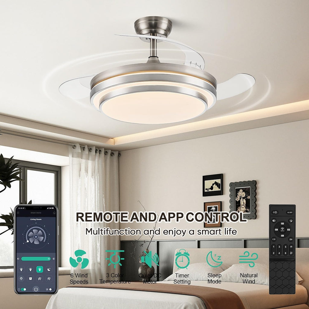 FIDGRA 48 Inch Fandelier Ceiling Fan with Light, Retractable Ceiling Fan with Lights for Bedroom Living Room Dinning Room, Chandelier with Fan 6 Speed, 3 Color Temperature-Brushed Nickel