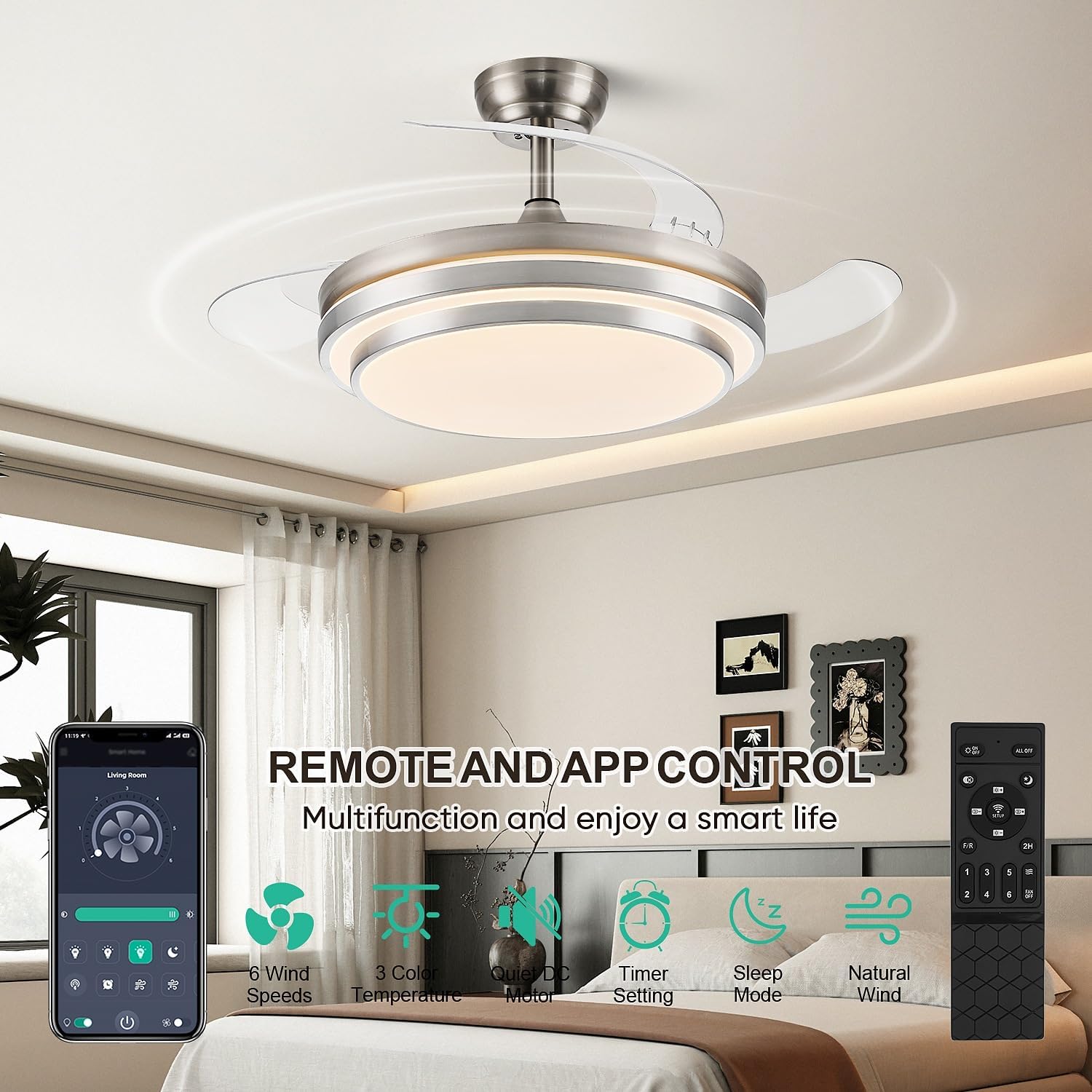 FIDGRA 48 Inch Fandelier Ceiling Fan with Light, Retractable Ceiling Fan with Lights for Bedroom Living Room Dinning Room, Chandelier with Fan 6 Speed, 3 Color Temperature-Brushed Nickel