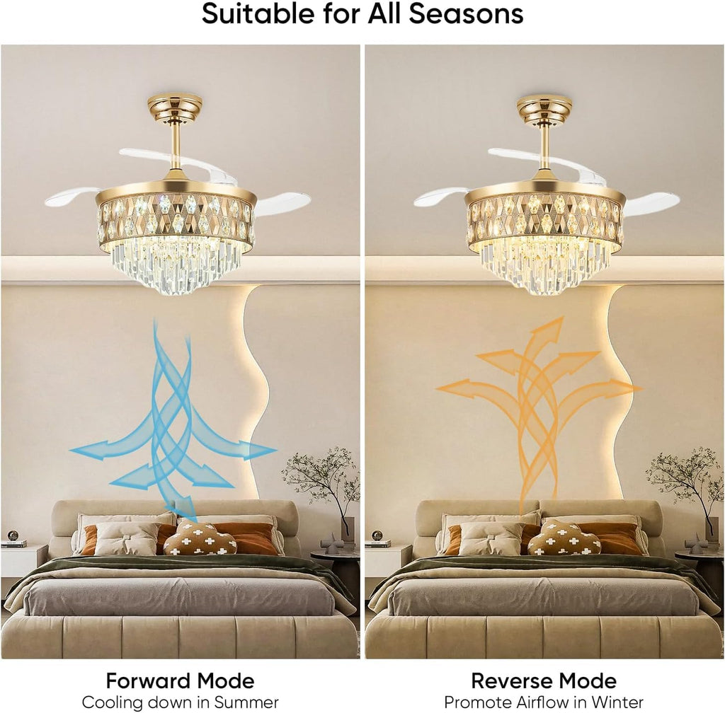 52 Inch Fandelier Ceiling Fan with Light, Chandelier Fan, Retractable Crystal Ceiling Fan Dimmable LED, 3 Color Temperatures, 6 Speeds, for Bedroom & Living Room