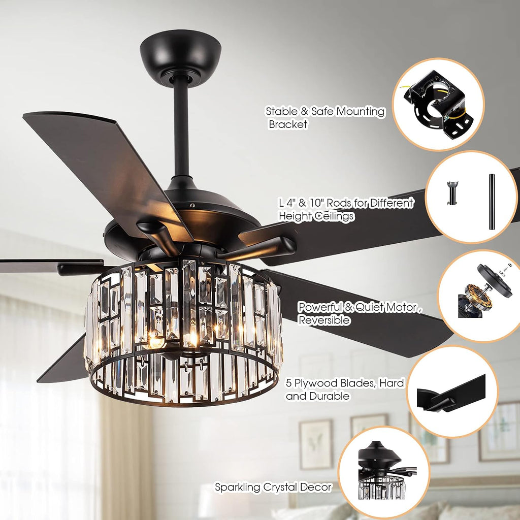 Parrot Uncle Ceiling Fans with Lights and Remote Black Ceiling Fan with Light for Bedroom Crystal Chandelier Fans, Reversible Motor, Timer, E26 Lamp Base, 52 Inch