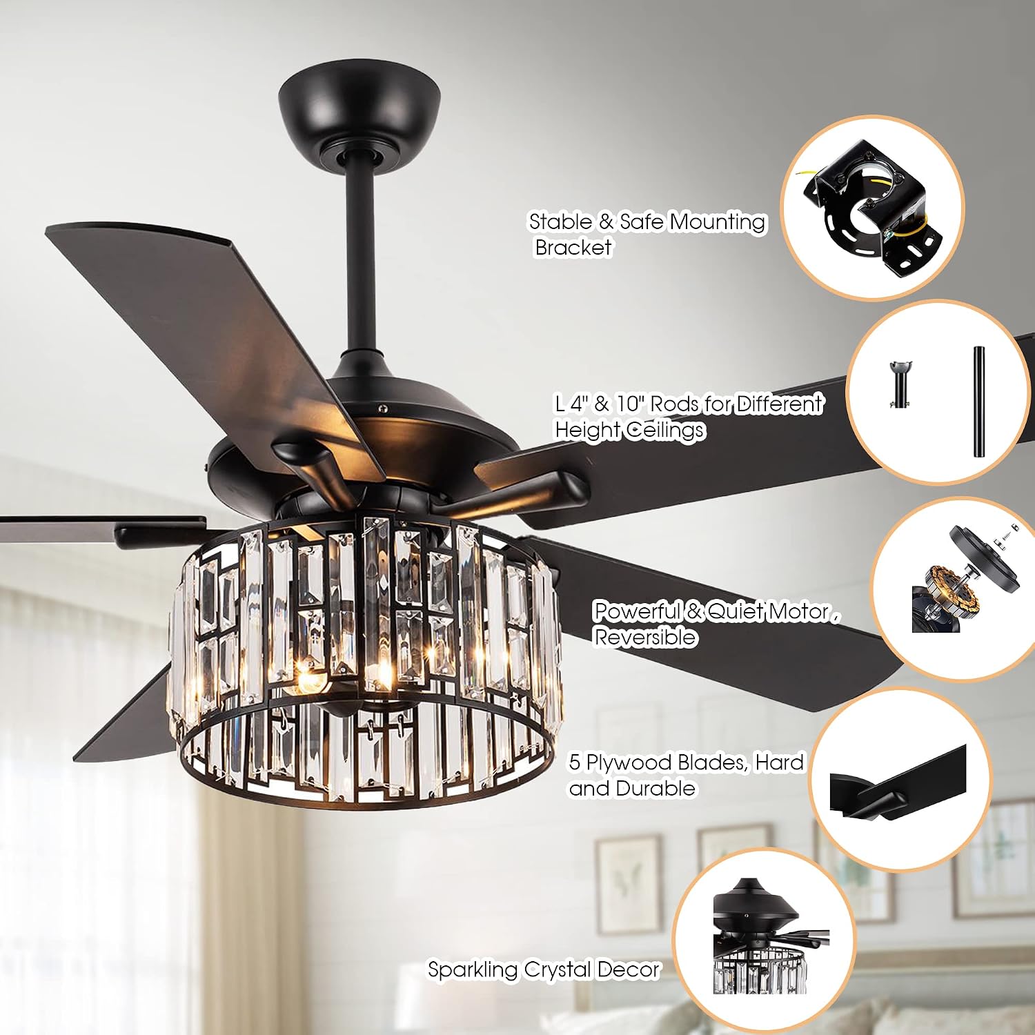 Parrot Uncle Ceiling Fans with Lights and Remote Black Ceiling Fan with Light for Bedroom Crystal Chandelier Fans, Reversible Motor, Timer, E26 Lamp Base, 52 Inch