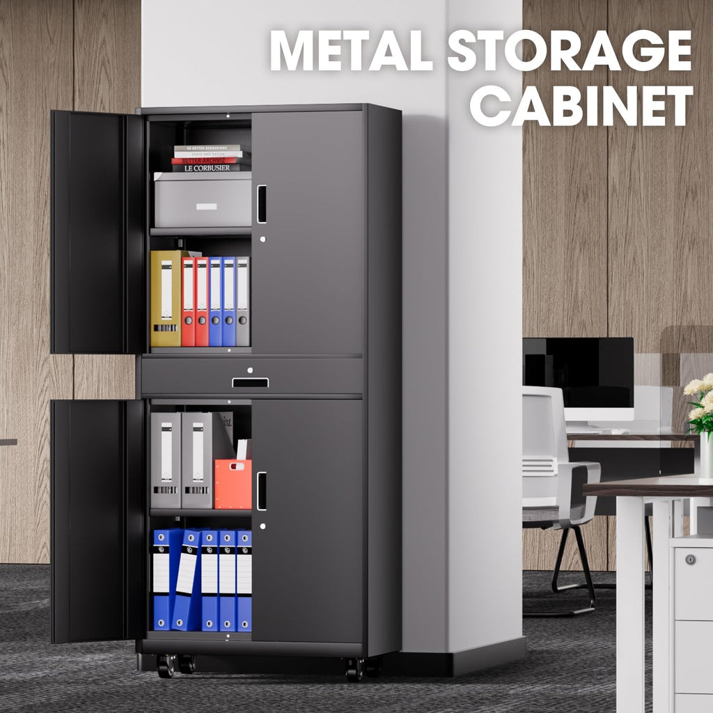 DNA Motoring 73'' Metal Storage Cabinet, Rolling Garage Cabinet with 1 Drawer and Adjustable Shelves, Lockable Heavy Duty Metal Locker for Garage,Office,Home,Gym, Black, TOOLS-00630-BK-BK-A