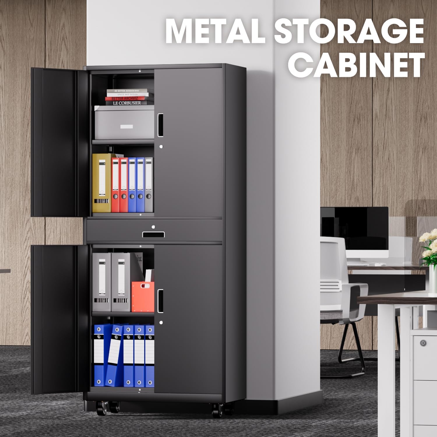 DNA Motoring 73'' Metal Storage Cabinet, Rolling Garage Cabinet with 1 Drawer and Adjustable Shelves, Lockable Heavy Duty Metal Locker for Garage,Office,Home,Gym, Black, TOOLS-00630-BK-BK-A