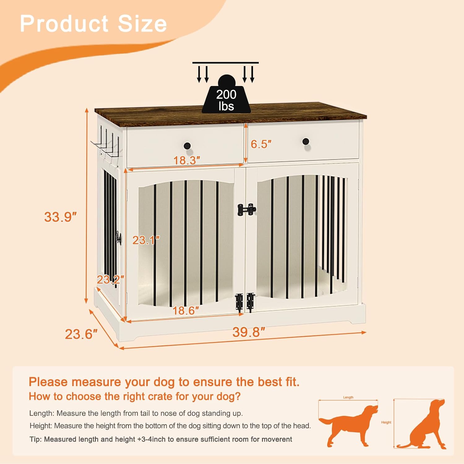BREEZEHEAT 40 inch Dog Crate Furniture-Farmhouse Dog Kennel with Drawers-End Table Wooden Pet Crate, Double Door Design, Decorative Dog House Indoor for Small Medium Large Dog,Brwon