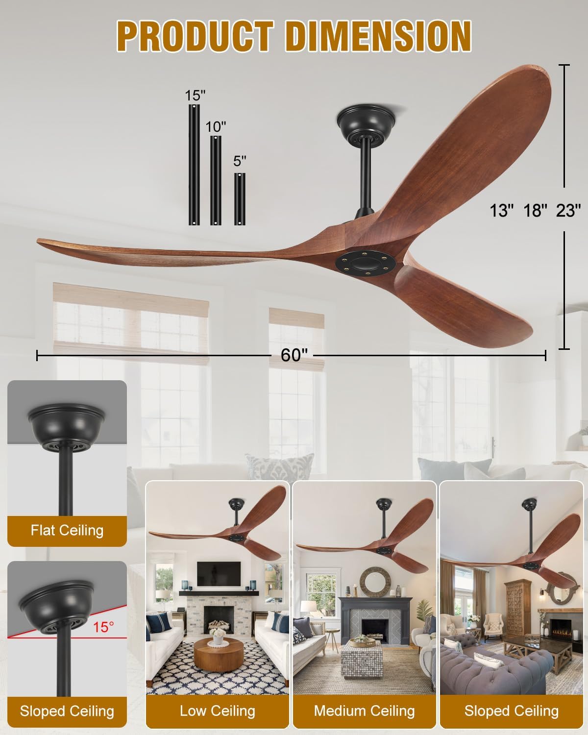 60 Inch Ceiling Fans Without Lights, 60' Outdoor Ceiling Fan No Light with Remote Control, 3 Solid Wood Blades, 3 Downrods, Timer, High CFM 6 Speeds ETL DC Motor Fans for Patios Indoor, Dark Walnut
