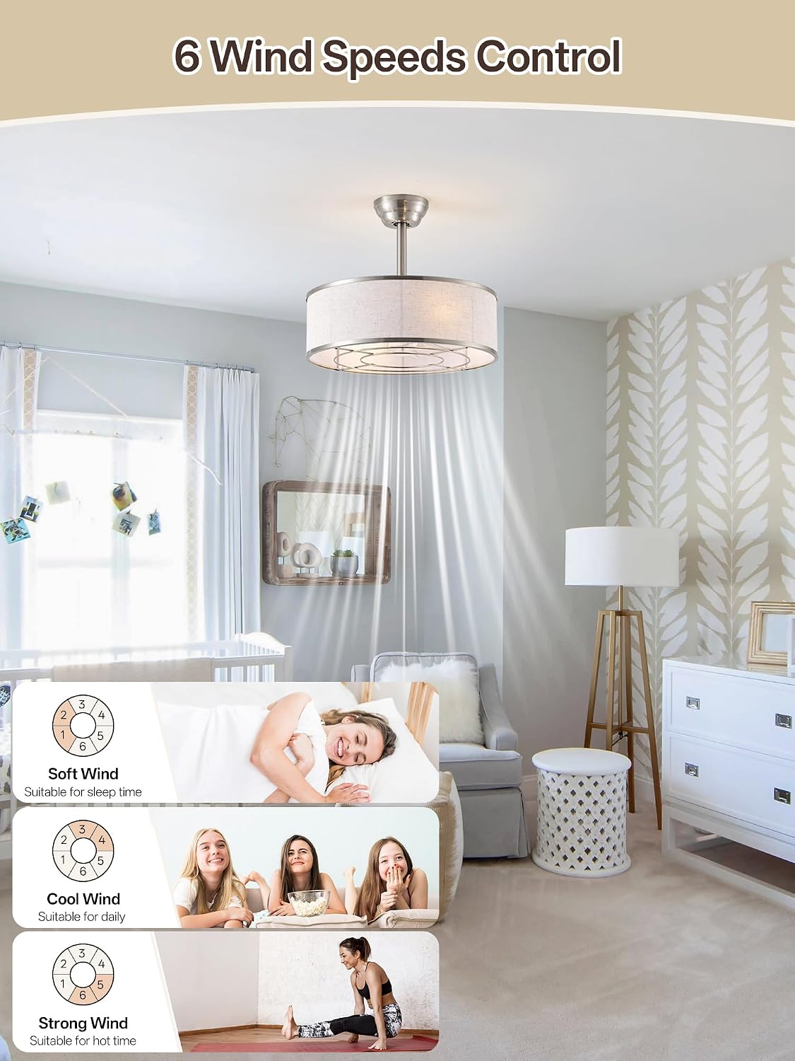 20' Sliver Caged Boho Fandelier Ceiling Fan with Light & Remote Control - Bladeless Chandelier Fan, 6 Speed Quiet Reversible Motor for Bedroom, Nursery, Living Room