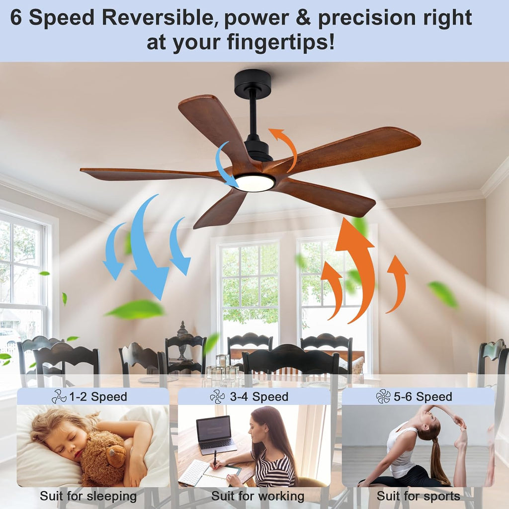 52 Inch Modern Ceiling Fans with Lights and Remote, 5 Blade Wood Ceiling Fan with Light, Wall Switch, Dimmable, Memory Function, Quiet DC Motor, Indoor Outdoor Ceiling Fan for Patio Living Room