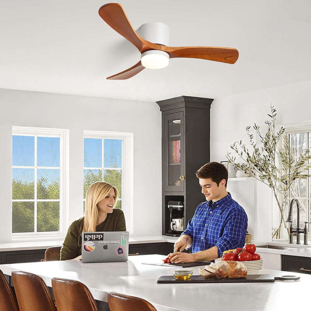 GESUM 42' Flush Mount Ceiling Fan with Lights3 Wood Blades, Reversible,Dimmable, Low Profile Ceiling Fan with Remote Control for Living Room Kitchen Bedroom(White+Wood)