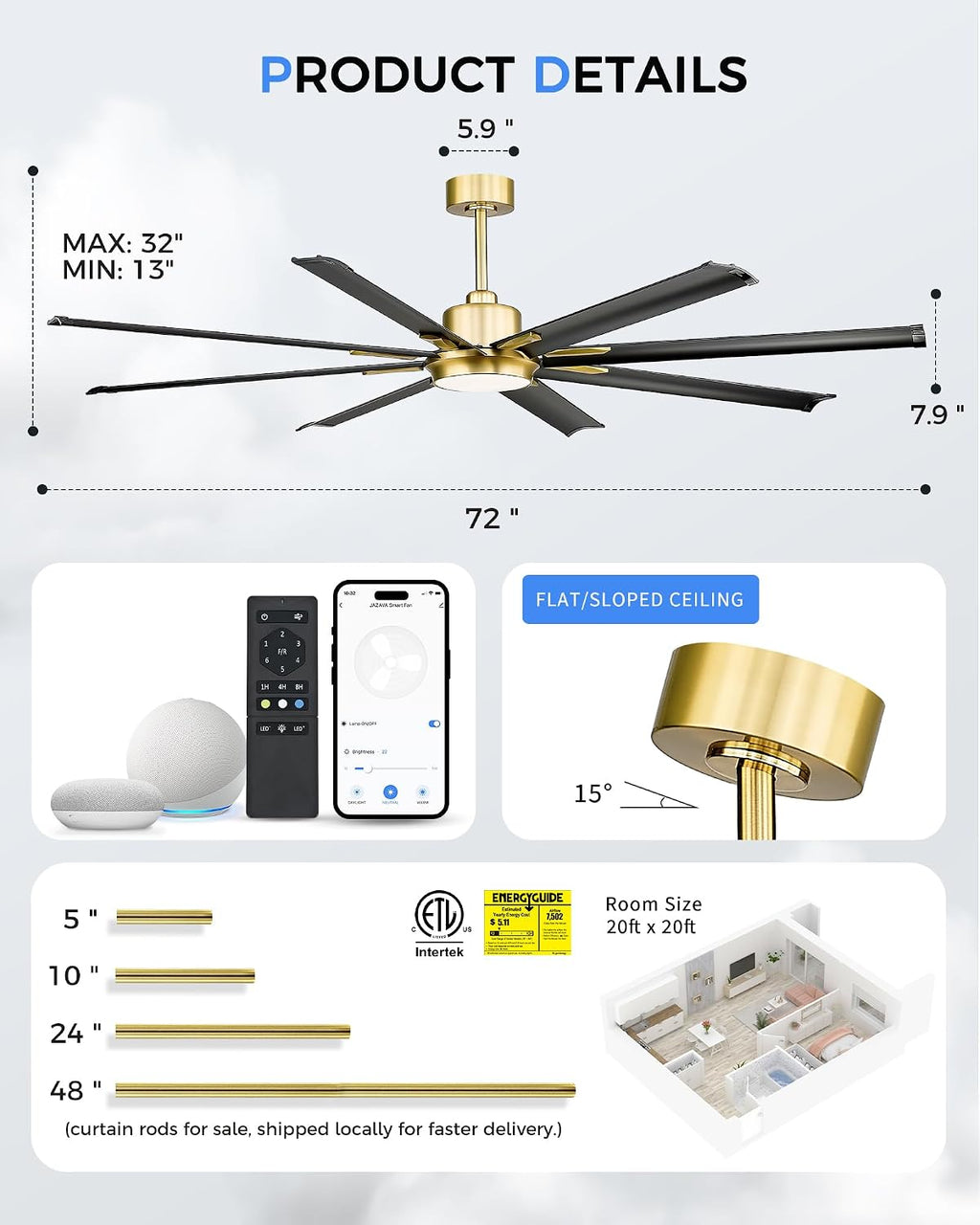 Industrial Ceiling Fan With Light,72 Inch Black & Gold Ceiling Fan With 8 Aluminium Metal Blades,Works with Voice Control,Ideal for Covered Outdoor Spaces,CF04BGB-72