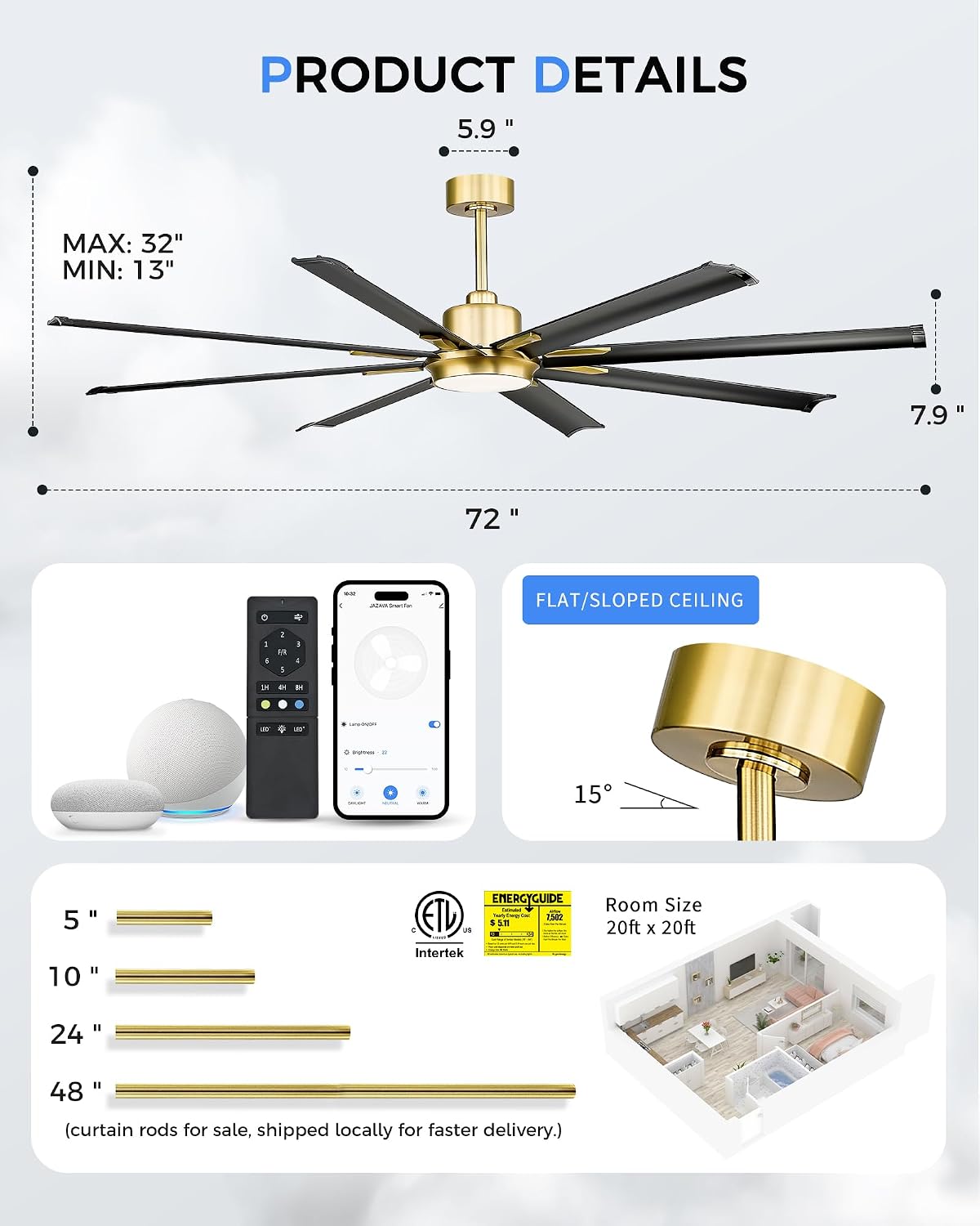 Industrial Ceiling Fan With Light,72 Inch Black & Gold Ceiling Fan With 8 Aluminium Metal Blades,Works with Voice Control,Ideal for Covered Outdoor Spaces,CF04BGB-72