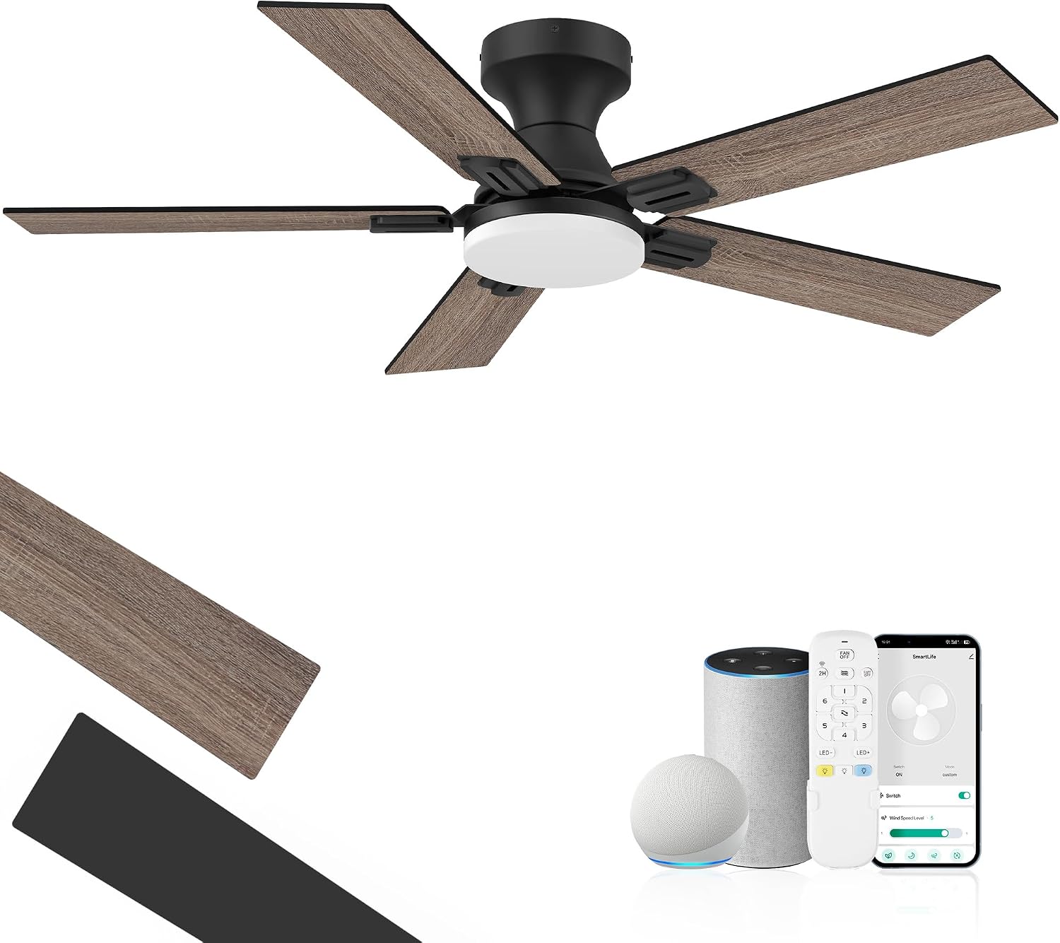 42' Smart Low Profile Ceiling Fan with Lights Remote,6 speed Quite DC Motor,WIFI Voice Control via Alexa App,Dimmable LED,Outdoor Indoor Flush Mount Fans for Small Bedroom Patio Porch,Black&Walnut