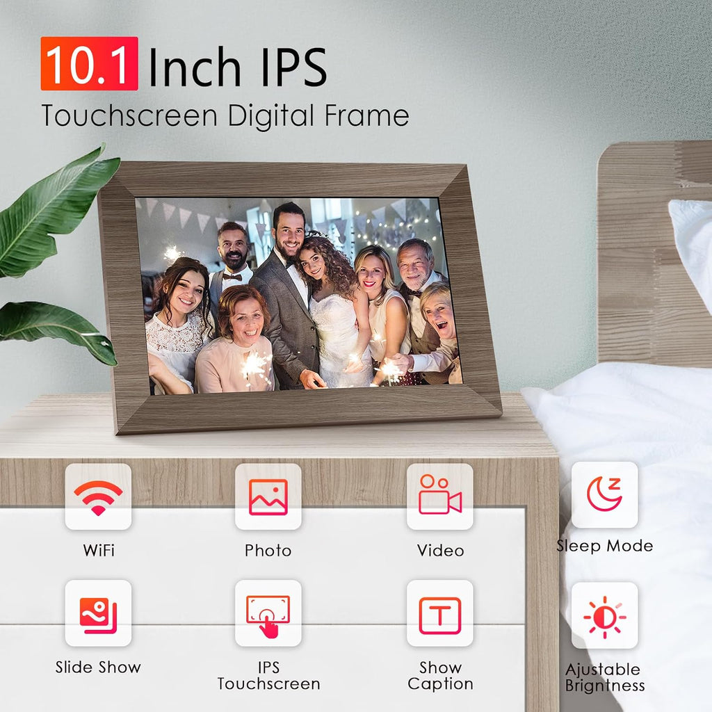 Canupdog WiFi Digital Picture Frame 10.1 Inch, IPS Touch Screen Smart Cloud Digital Photo Frame with 16GB Storage, Wall Mountable, Auto-Rotate, Share Photos from Anywhere Via App